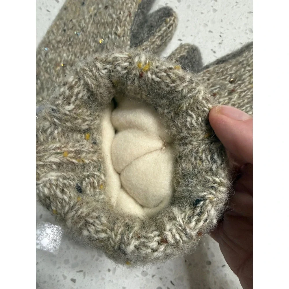 Knit Wool Mittens Beige Bling Sequin Fleece Lined Cute warm Cozy Gorpcore OS